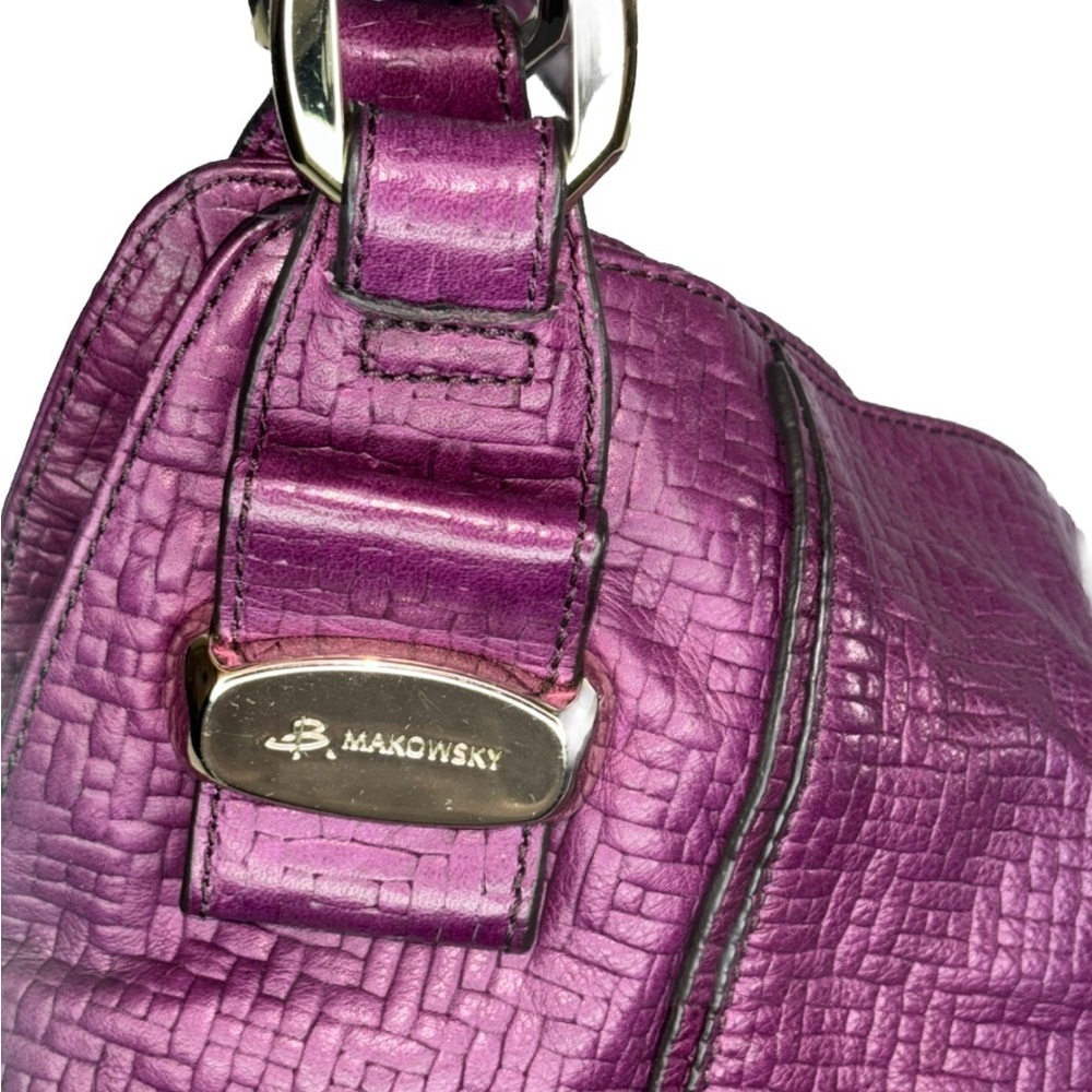 B. Makowsky Plum Embossed Leather Shoulder Bag Large Tote Leopard Lining - Picture 8 of 14